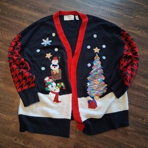 Merry & Bright Cardigan Sweater W 3X Black Sequin Snowman Tree Ugly Christmas